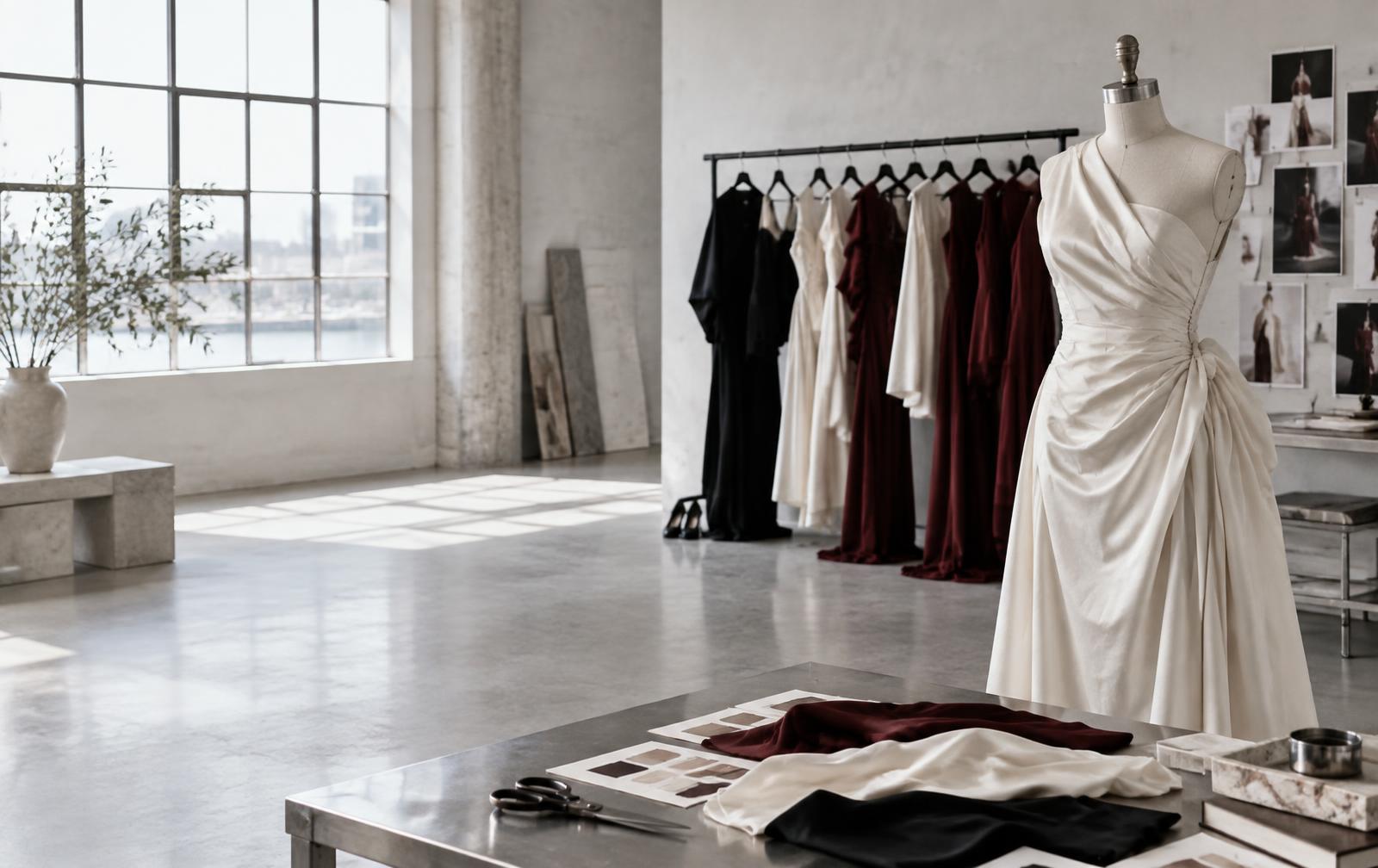 Draped dress and fashion pieces in an atelier — editorial concept imagery